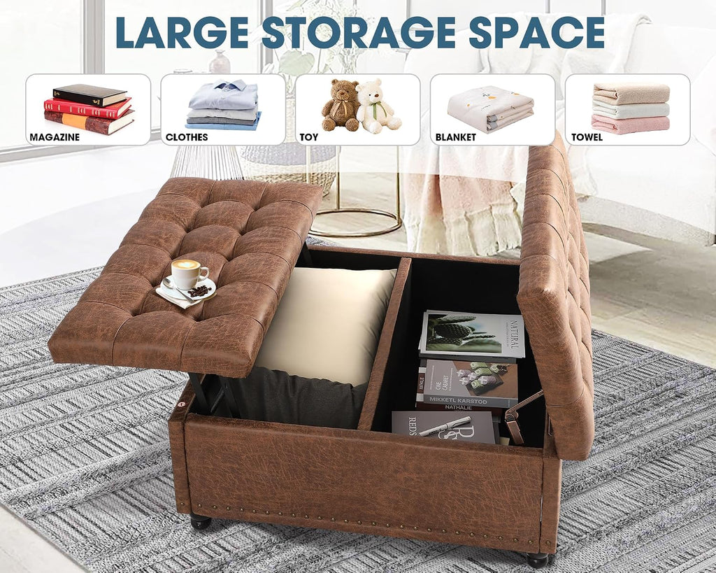 Grepatio Square Tufted Ottoman with Storage - 35.5' Large Lift-Top Storage Ottomans Upholstered Coffee Table for Living Room Bedroom (Brown)