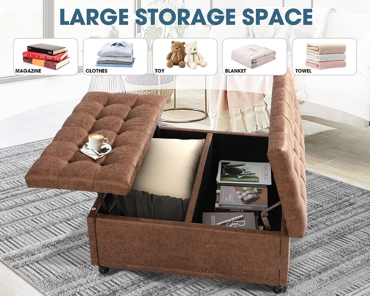Grepatio Square Tufted Ottoman with Storage - 35.5' Large Lift-Top Storage Ottomans Upholstered Coffee Table for Living Room Bedroom (Brown)