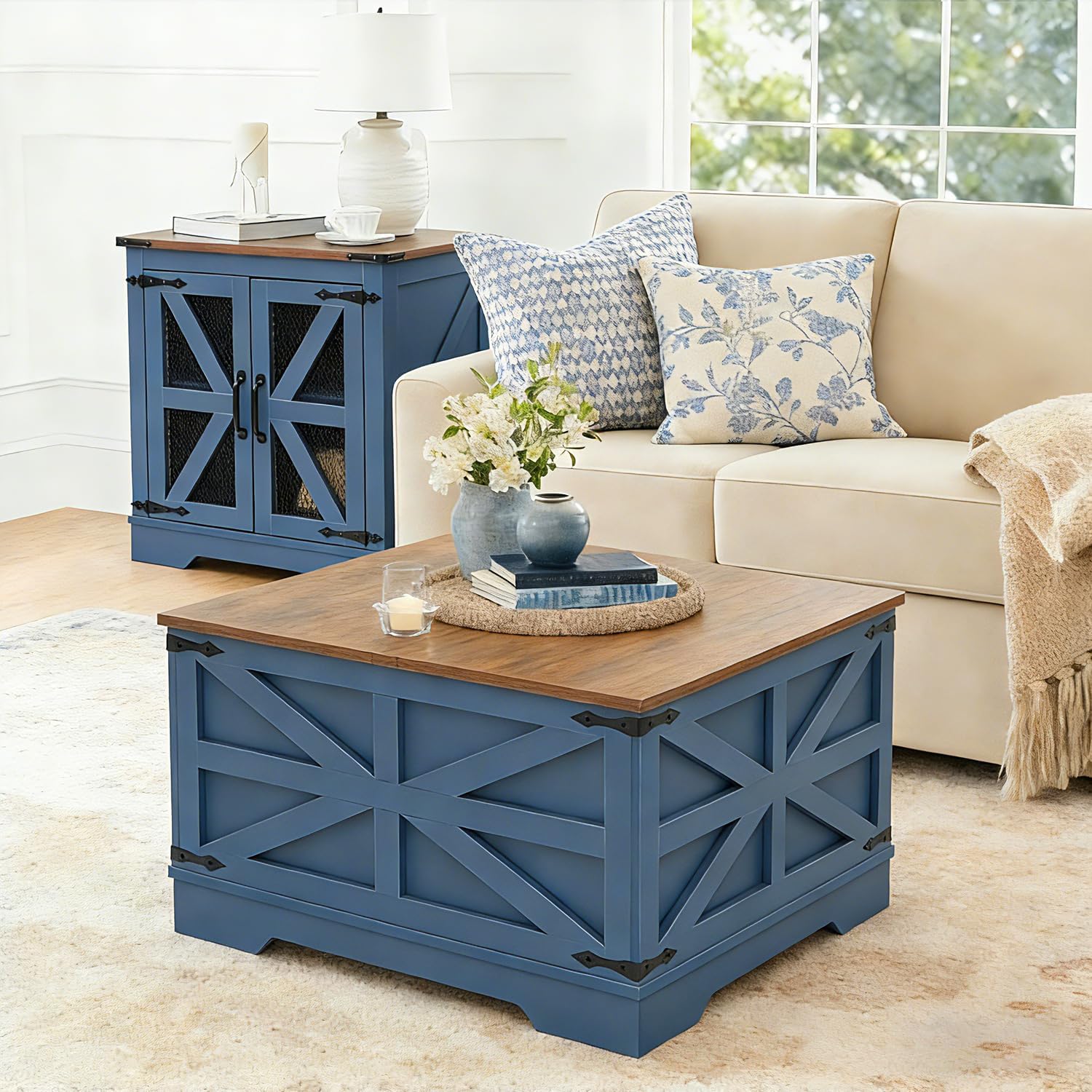 Lift Top Coffee Table, 31.5' Square Coffee Table with Storage, Farmhouse Coffee Tables for Living Room, Cocktail Tables with Large Hidden Compartment, Rustic Blue