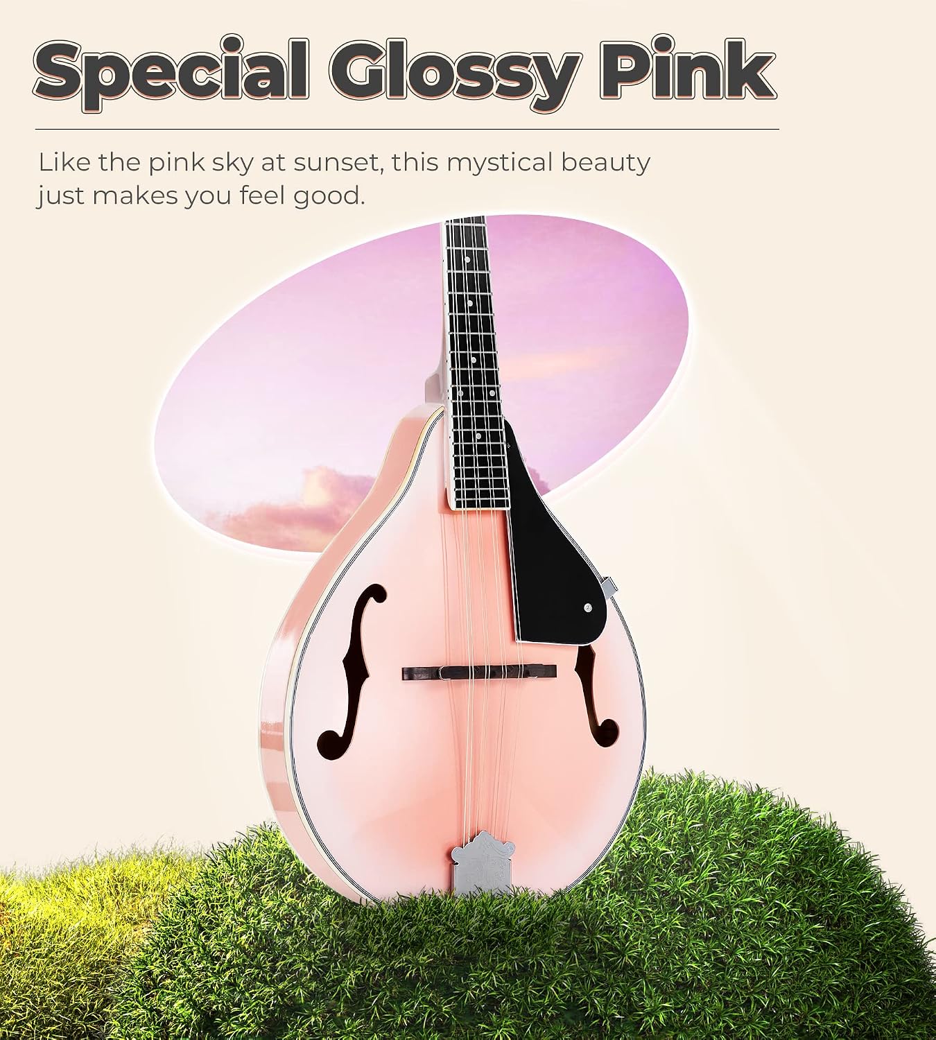 Vangoa Mandolin instrument A Style Mandolin Musical Instrument for Beginners Kids Adults, 8 String Acoustic Mahogany Starter Kits, Pink