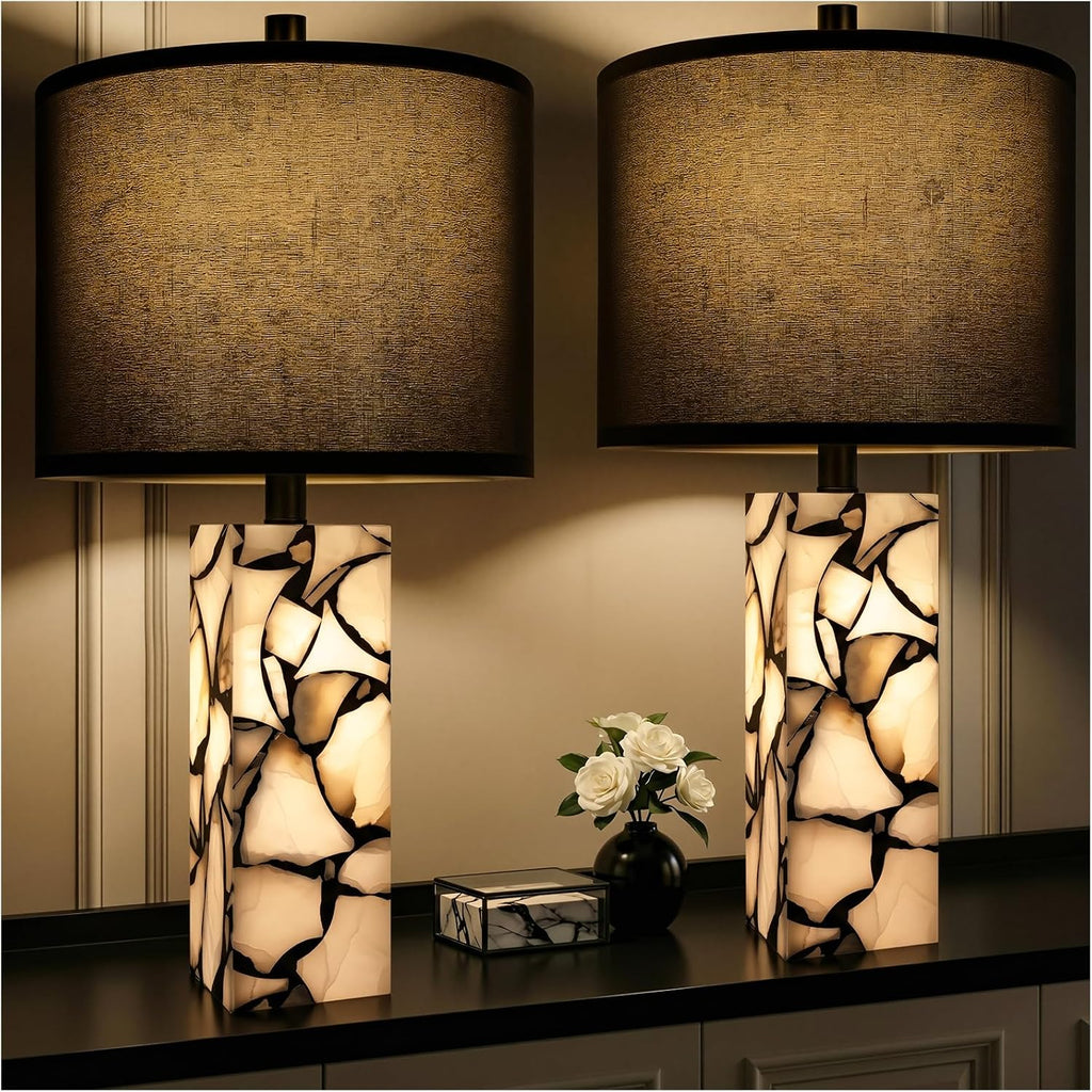 Scenekoy 23' Alabaster Table Lamps Set of 2 with Night Light for Living Room, Rotary Switch, Black Modern Table Lamp with Black Linen Shade, Nightstand Lamp for Bedroom Bedside Office (Bulb Included)