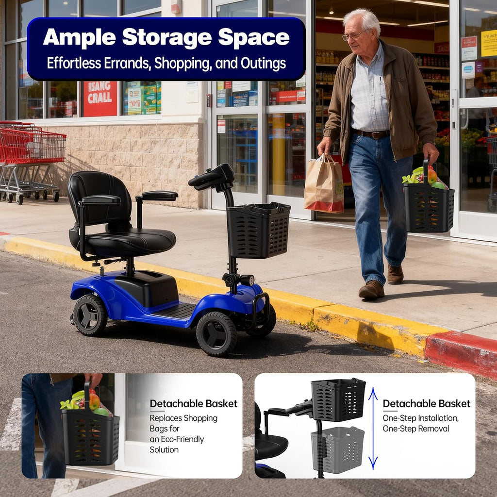 Mobility Scooter,4 Wheel Mobility Scooter,28 Miles Range,300W Motor, 300LBS Capacity,Lightweight and Portable,with LED Headlights and Basket,Charger Included,Blue