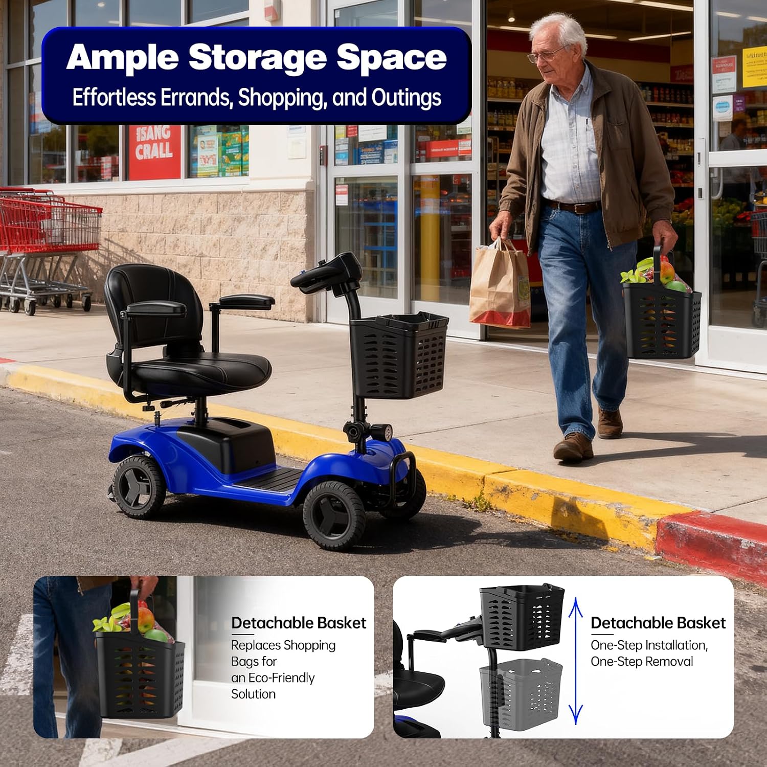 Mobility Scooter,4 Wheel Mobility Scooter,28 Miles Range,300W Motor, 300LBS Capacity,Lightweight and Portable,with LED Headlights and Basket,Charger Included,Blue