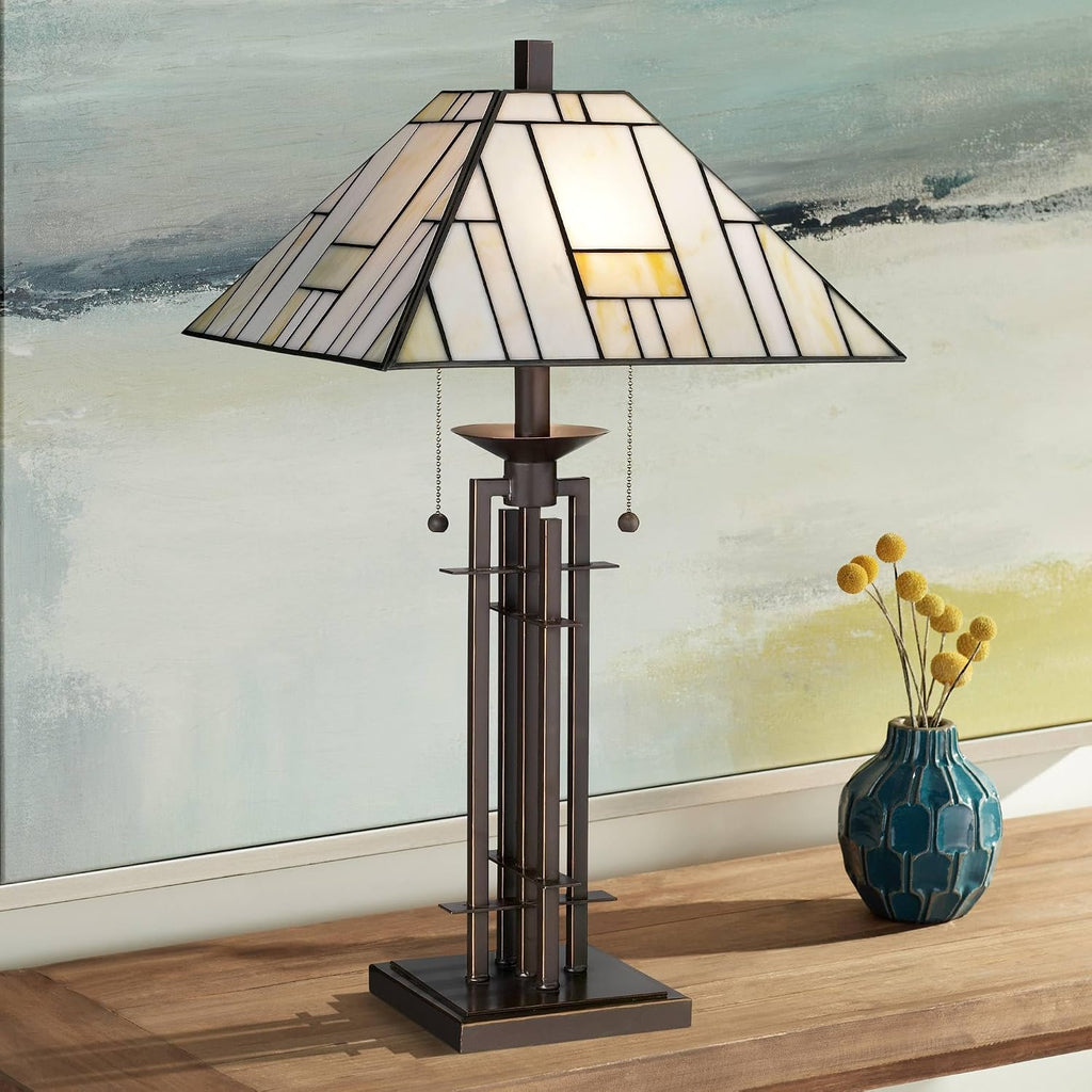 Franklin Iron Works Mission Tiffany Style Table Lamp Art Deco 26.25' High Wrought Iron Dark Bronze Brown Gold White Stained Glass Shade for Living Room Bedroom House Bedside Nightstand Home Office