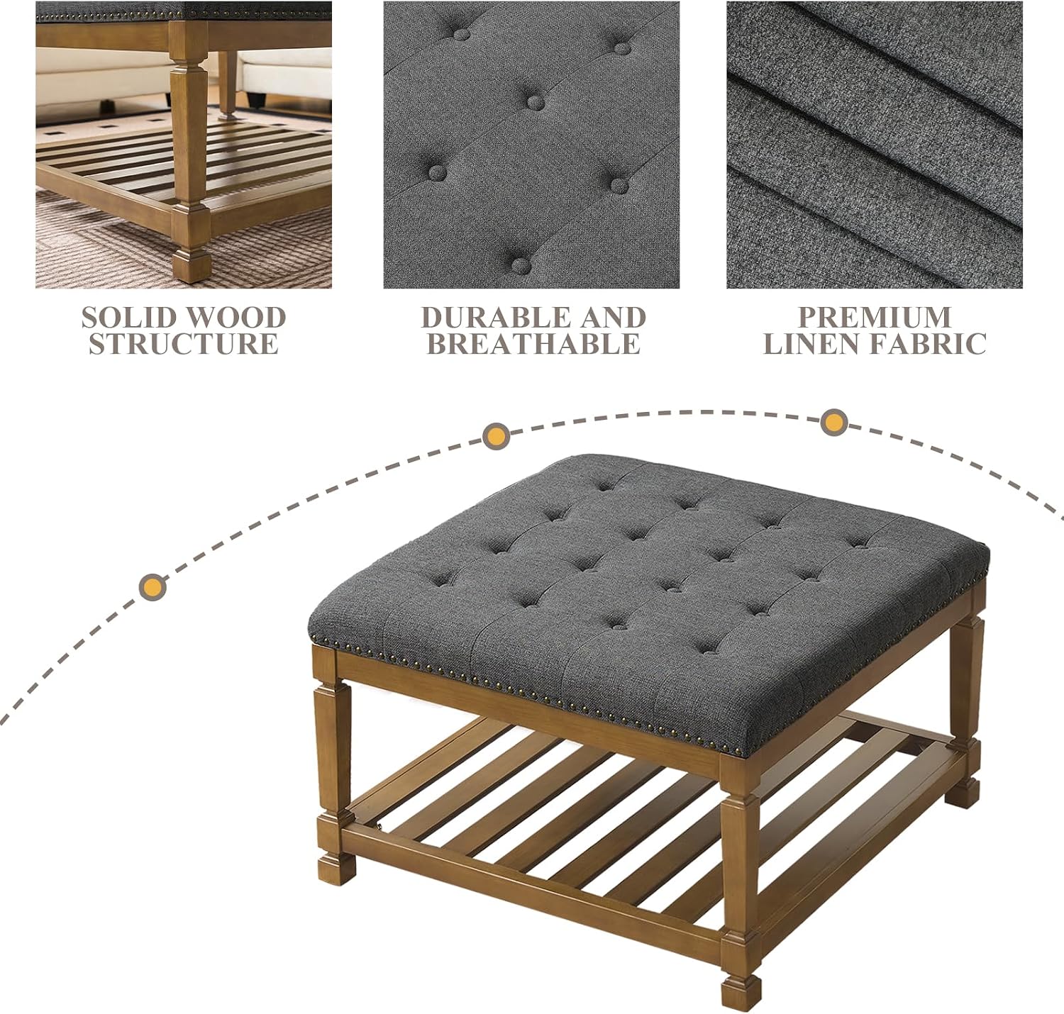 Befurtori Large Square Ottoman Coffee Table, Linen Solid Upholstered Footrest Ottoman with Solid Wood Shelf Storage Tufted Coffee Table for Bedroom Living Room-Dark Gray