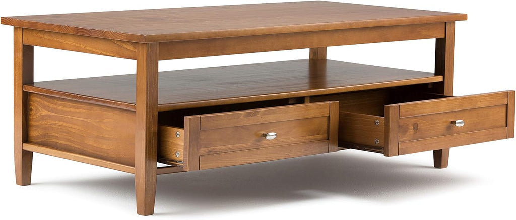 SIMPLIHOME Warm Shaker Coffee Table - 48 inch Wide Solid Wood Coffee Table in Light Golden Brown, Transitional Living Room Table with 2 Drawers, Open Shelf, Shaker Fronts and Tapered Legs