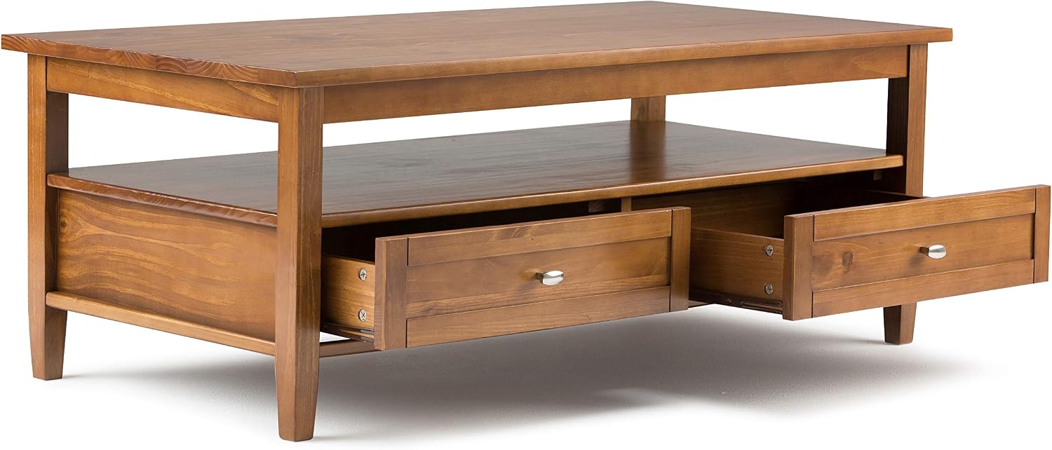 SIMPLIHOME Warm Shaker Coffee Table - 48 inch Wide Solid Wood Coffee Table in Light Golden Brown, Transitional Living Room Table with 2 Drawers, Open Shelf, Shaker Fronts and Tapered Legs