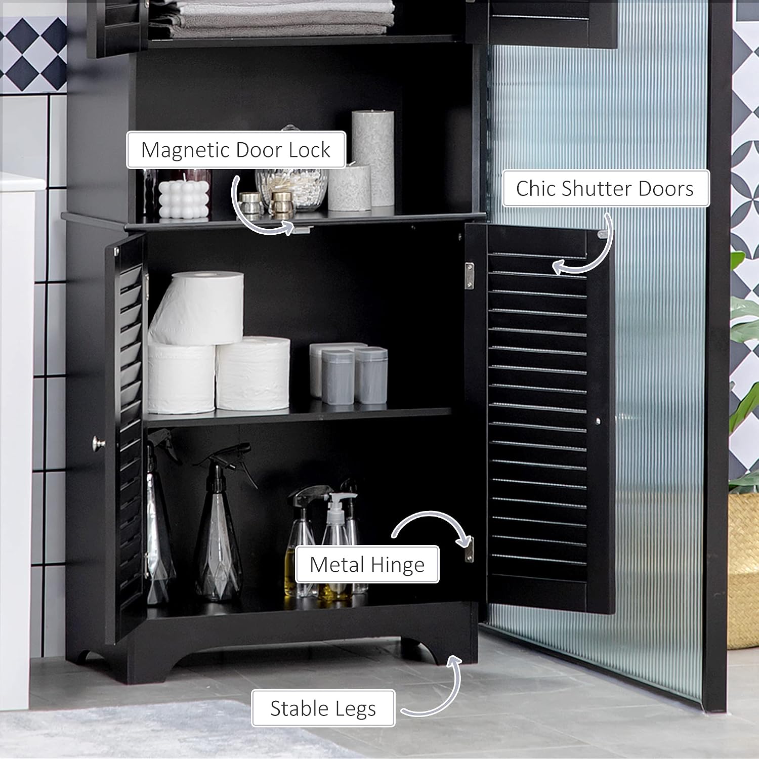 HOMCOM Tall Narrow Bathroom Storage Cabinet with Doors and Shelf Adjustability, Freestanding Linen Cabinet with 2 Cabinets and Countertop, Black