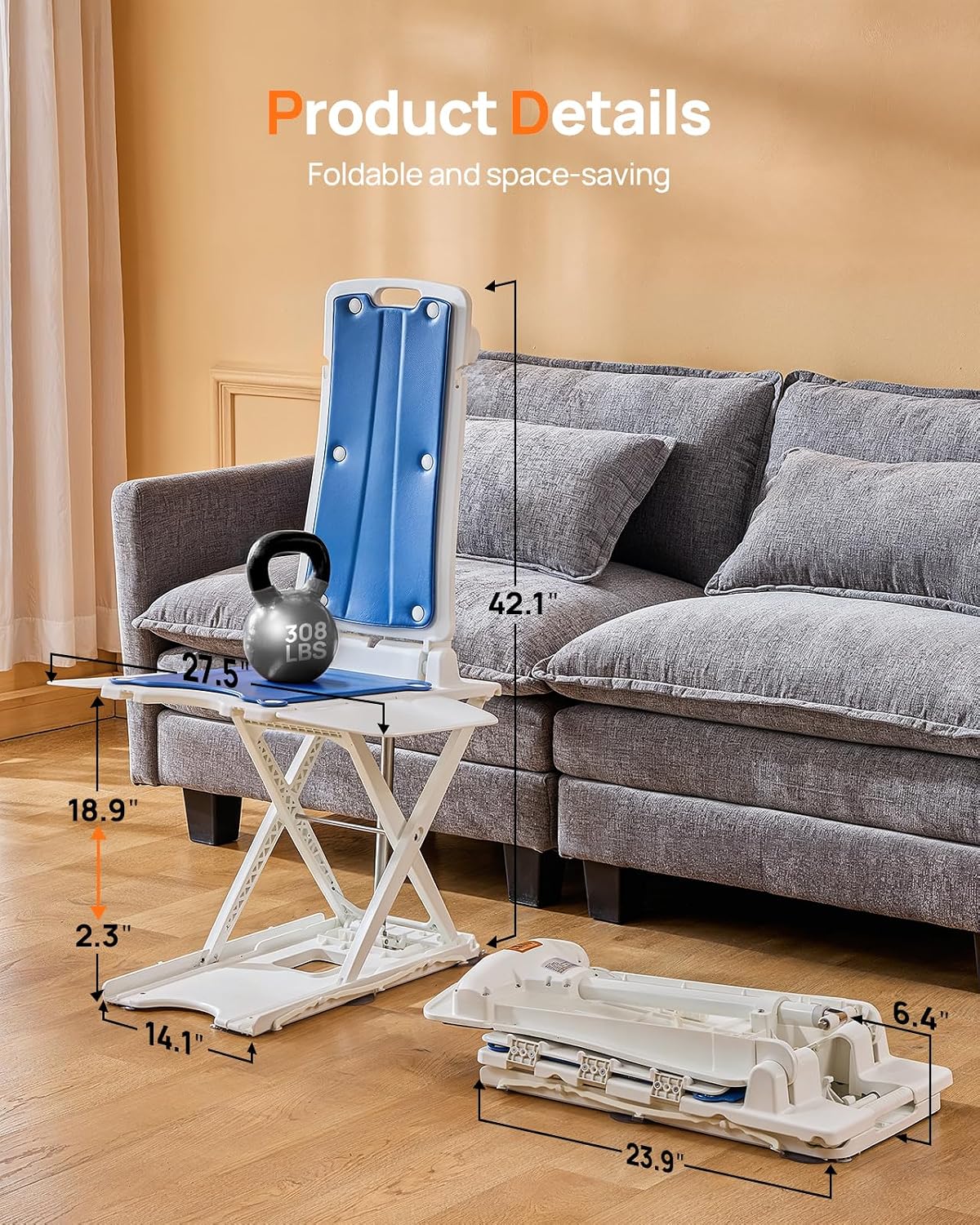 PERLECARE Electric Chair Lift, 308 lbs Capacity, Floor Lift for Elderly Falls, IP68 Waterproof Bath Lift for Tub, Foldable & Rechargeable Design, Remote Control, for Fall Recovery & Home Care