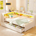 Corner Bed Frame with Bookcase Headboard and Drawers Storage, Twin Size Daybed with Charging Station & LED Lights, Solid Wood Platform Bed with Wooden Slats for Kids Teens Guests, White