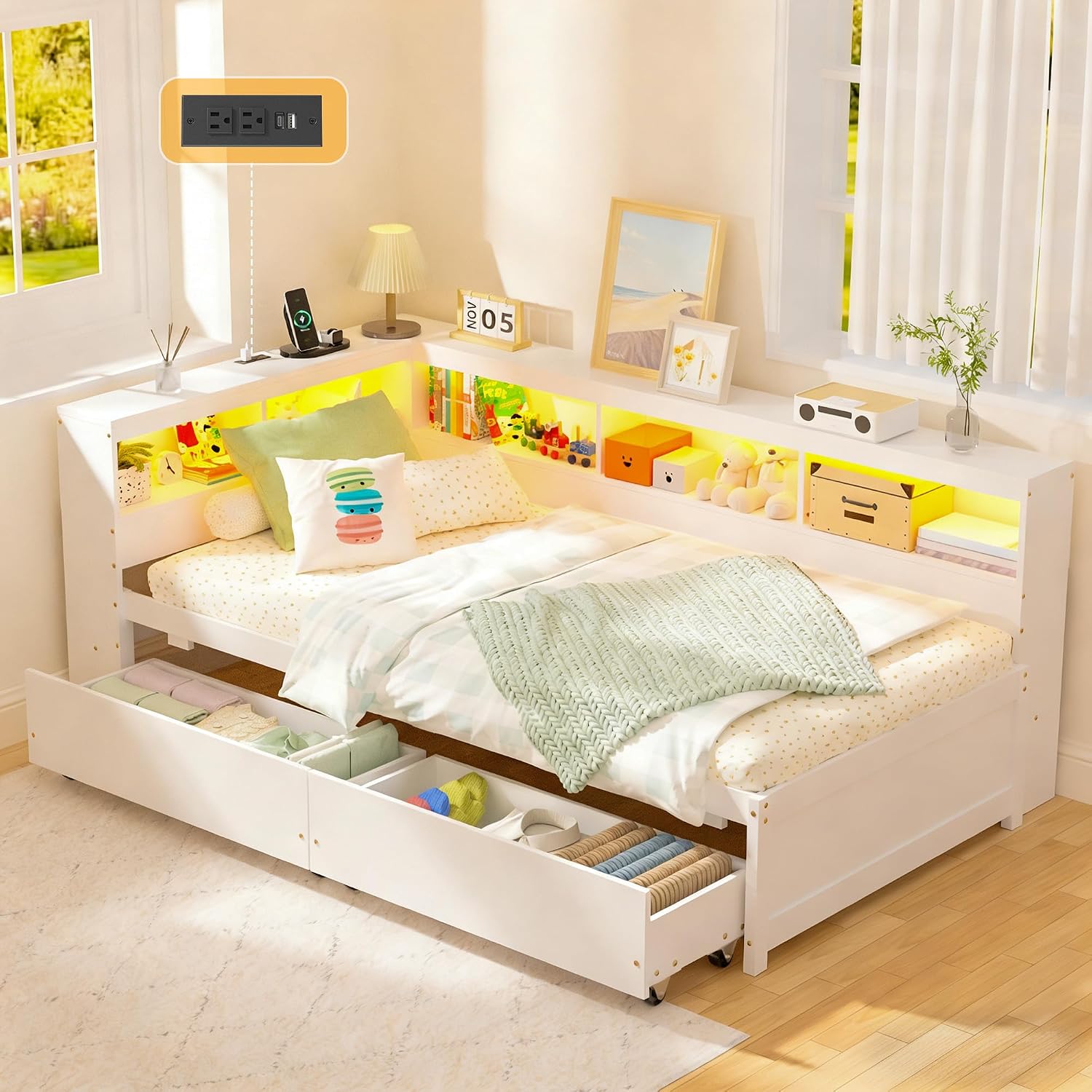 Corner Bed Frame with Bookcase Headboard and Drawers Storage, Twin Size Daybed with Charging Station & LED Lights, Solid Wood Platform Bed with Wooden Slats for Kids Teens Guests, White