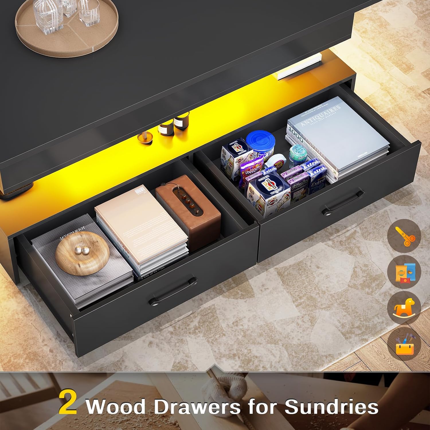 SEDETA 40' Lift Top Coffee Table, Coffee Tables with Storage for Living Room, Small Coffee Table with 2 Drawers & LED Light for Dining Reception Room, Black