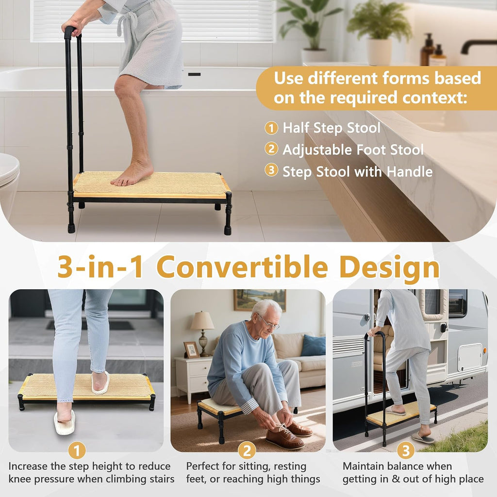 Bed Step Stool with Adjustable Handle for Elderly, Medical Step Stool for Bedside for Adults, 31.5' Long Safety Step Platform, Bed Stool for High Beds, Heavy Duty SUV Stepping Stool with Anti-Slip Mat