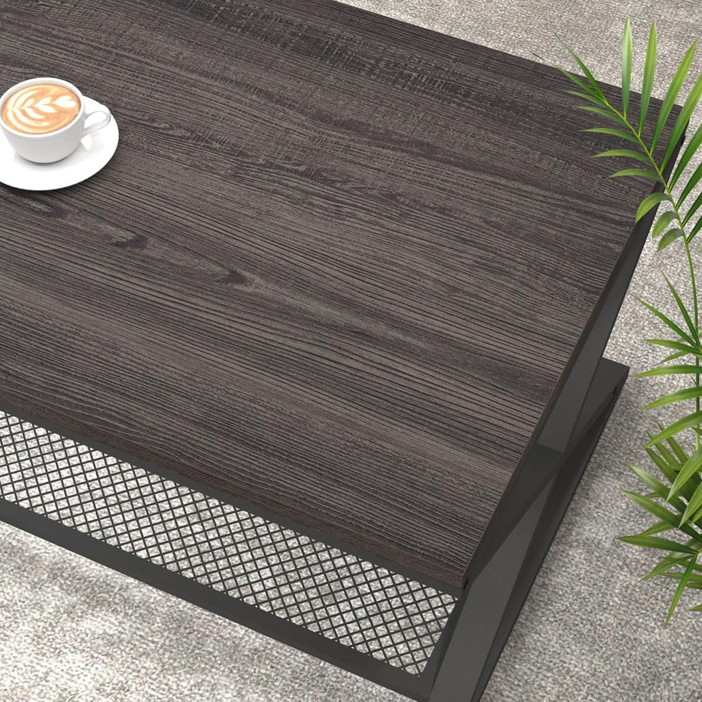 LVB Industrial Grey Coffee Table, Wood Metal 2 Tier Center Table with Storage, Rectangular Low Cocktail Table for Living Room, Farmhouse Concrete Tables for Home Office Bedroom, Dark Gray Oak, 47 Inch