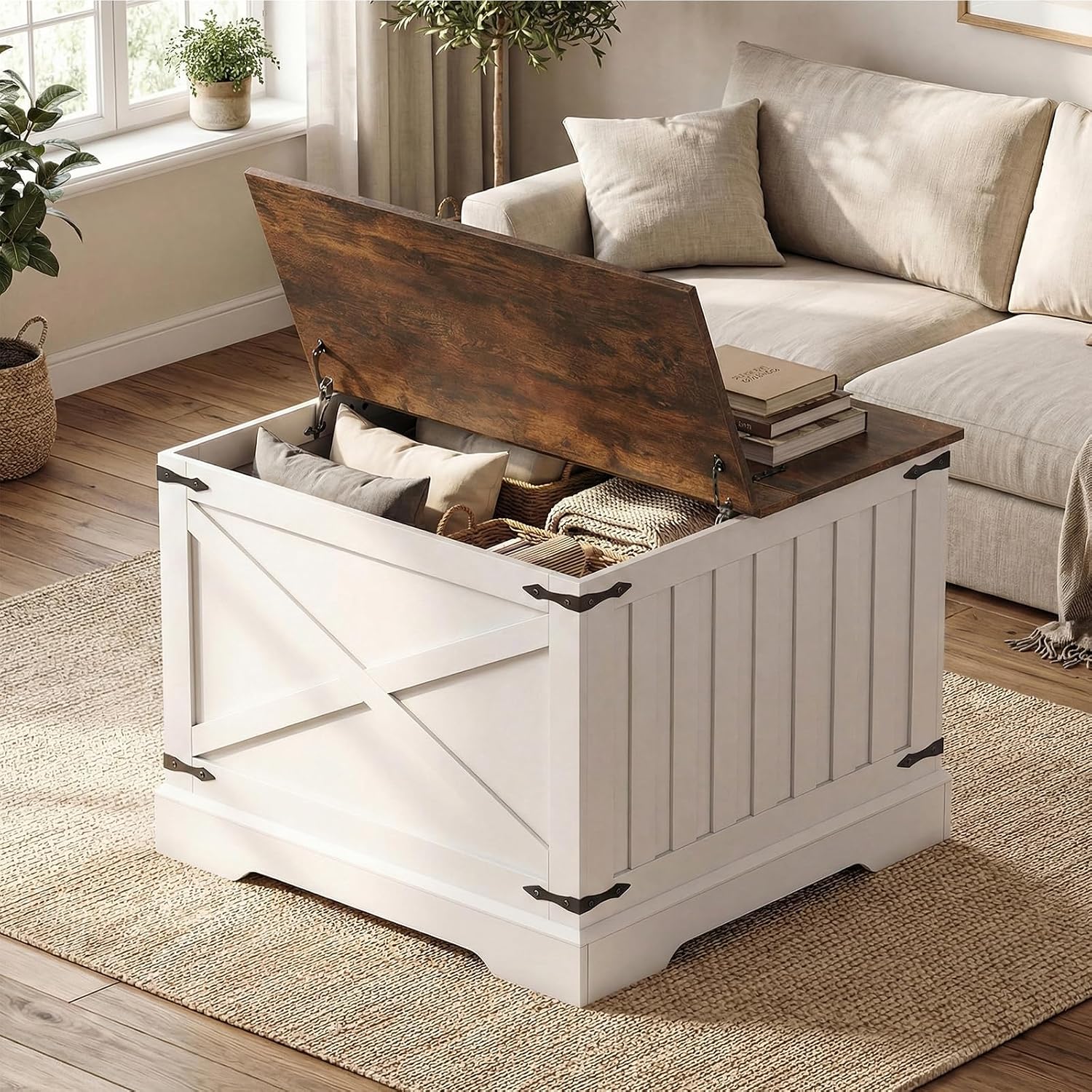 Giantex Farmhouse Lift Top Coffee Table, 31.5' Square Wood Center Table with Large Hidden Storage Compartment & Hinged Lift Top, Accent Cocktail Tea Table, Rustic Living Room Tables (Rustic Brown)