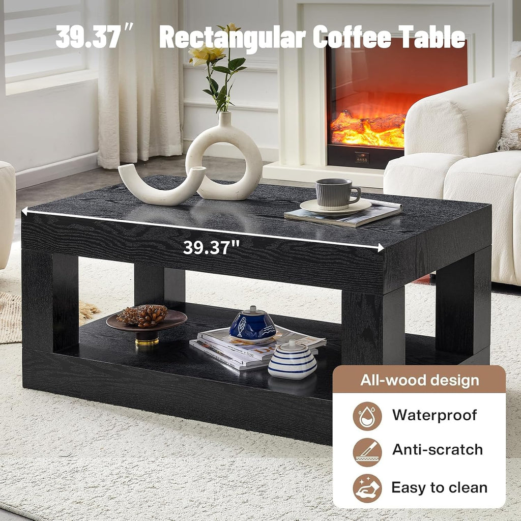 LKTART 39.37' Coffee Table with Storage, 2-Tier Mid Century Rectangular Accent Table with Thick Tabletop, Rustic Style Cocktail, Center Table for Living Room, Office, Apartment (Black)