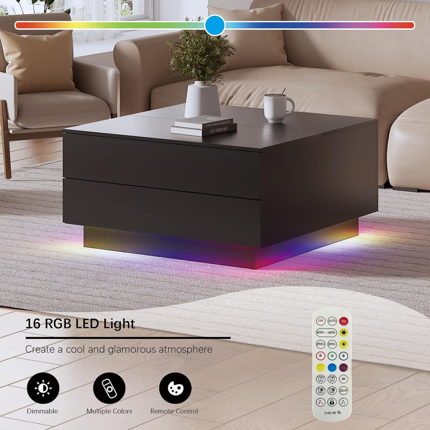 HedoAjim Square Coffee Tables with Storages, Modern Black Coffee Table for Living Room, Flip Cover Coffee Tables and 2 Spacious Drawers, Coffee Table with LED Light