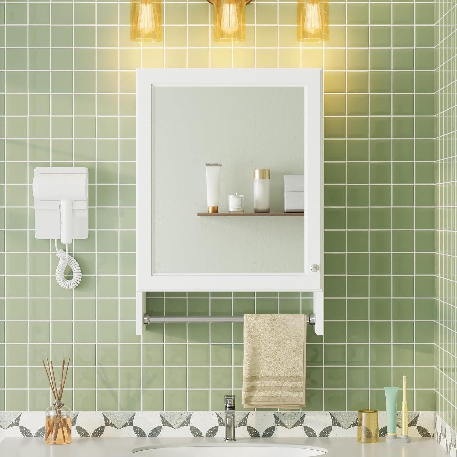 Wall Mounted Bathroom Mirror Cabinet with Soft-Close Door and Adjustable Shelf, 20' White Medicine Cabinet with HD Mirror and Towel Bar, MDF and Rubber Wood Construction for Bathroom Storage