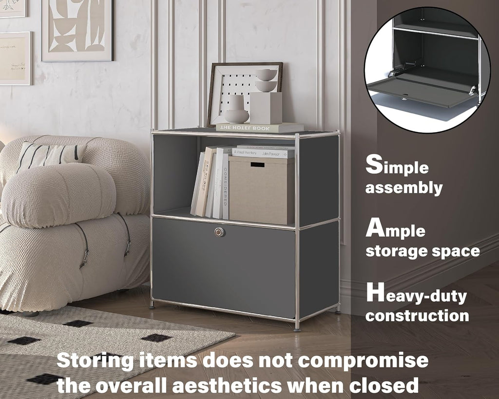 32.5-Inch Flip-Top Storage Cabinet with Detachable Wheels, Metal Side Table and Small Sideboard Cabinet for Living Room, Bedroom, Office, Orange