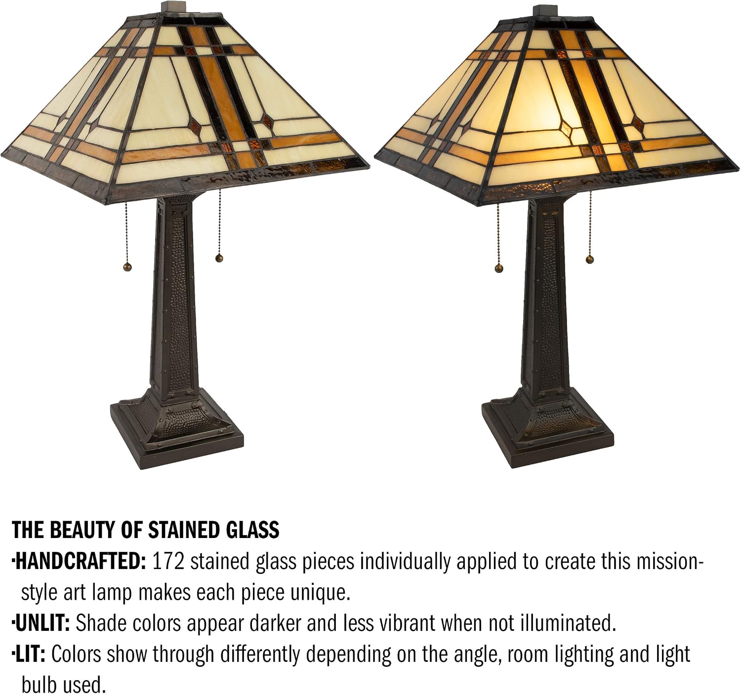 Lavish Home Tiffany-Style Table Lamp – Mission-Design Art Glass Lighting with 2 LED Bulbs Included – Vintage-Look Handcrafted Room Décor