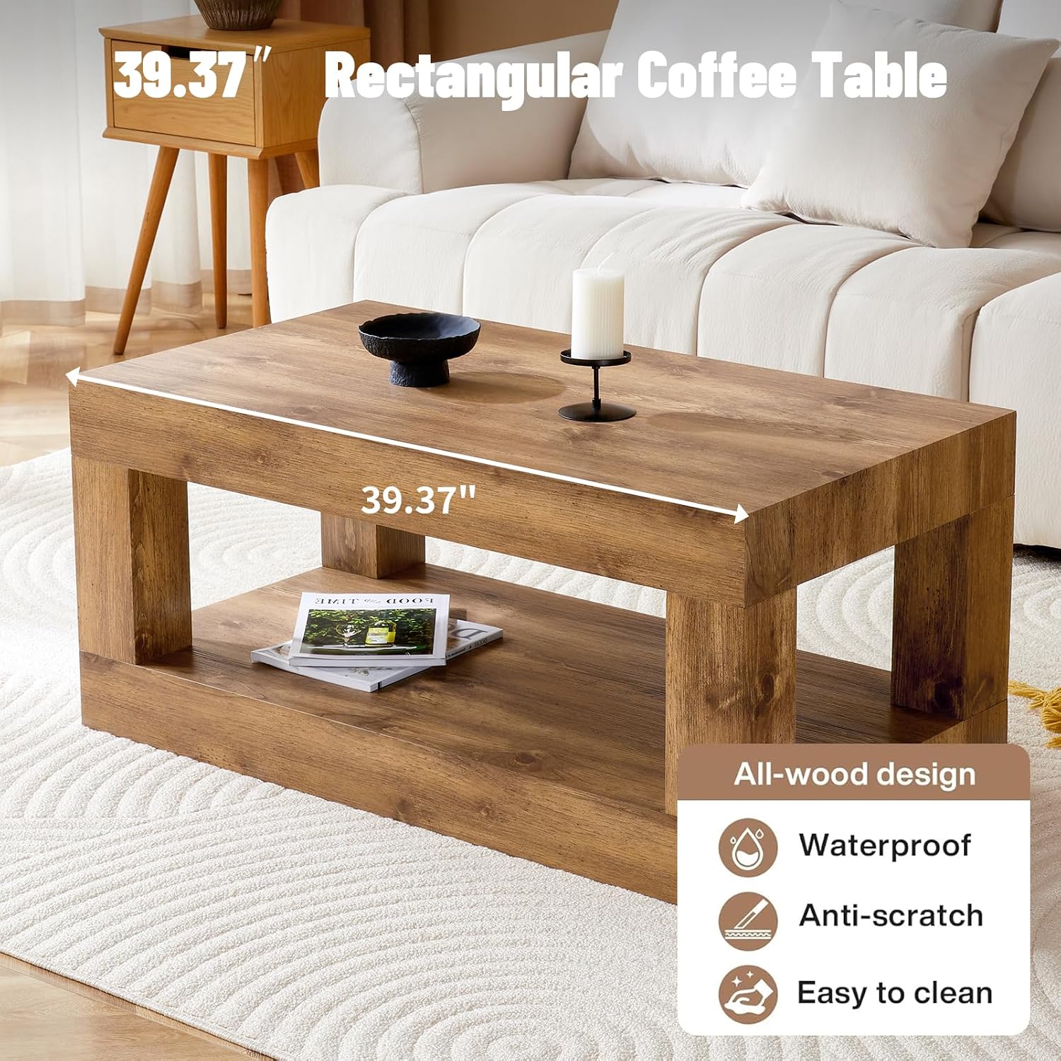 LKTART 39.37' Coffee Table with Storage, 2-Tier Mid Century Rectangular Accent Table with Thick Tabletop, Rustic Style Cocktail, Center Table for Living Room, Office, Apartment (Natural Wood)