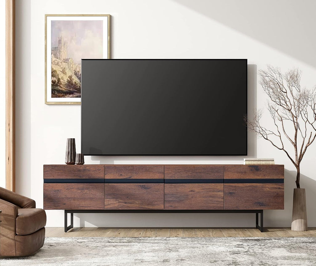 WAMPAT Modern TV Stand and Coffee Table Set of 2, Storage Entertainment Center for TVs Up to 75 inch, Square Center Table with Tempered Glass and Storage Drawers for Living Room, Brown