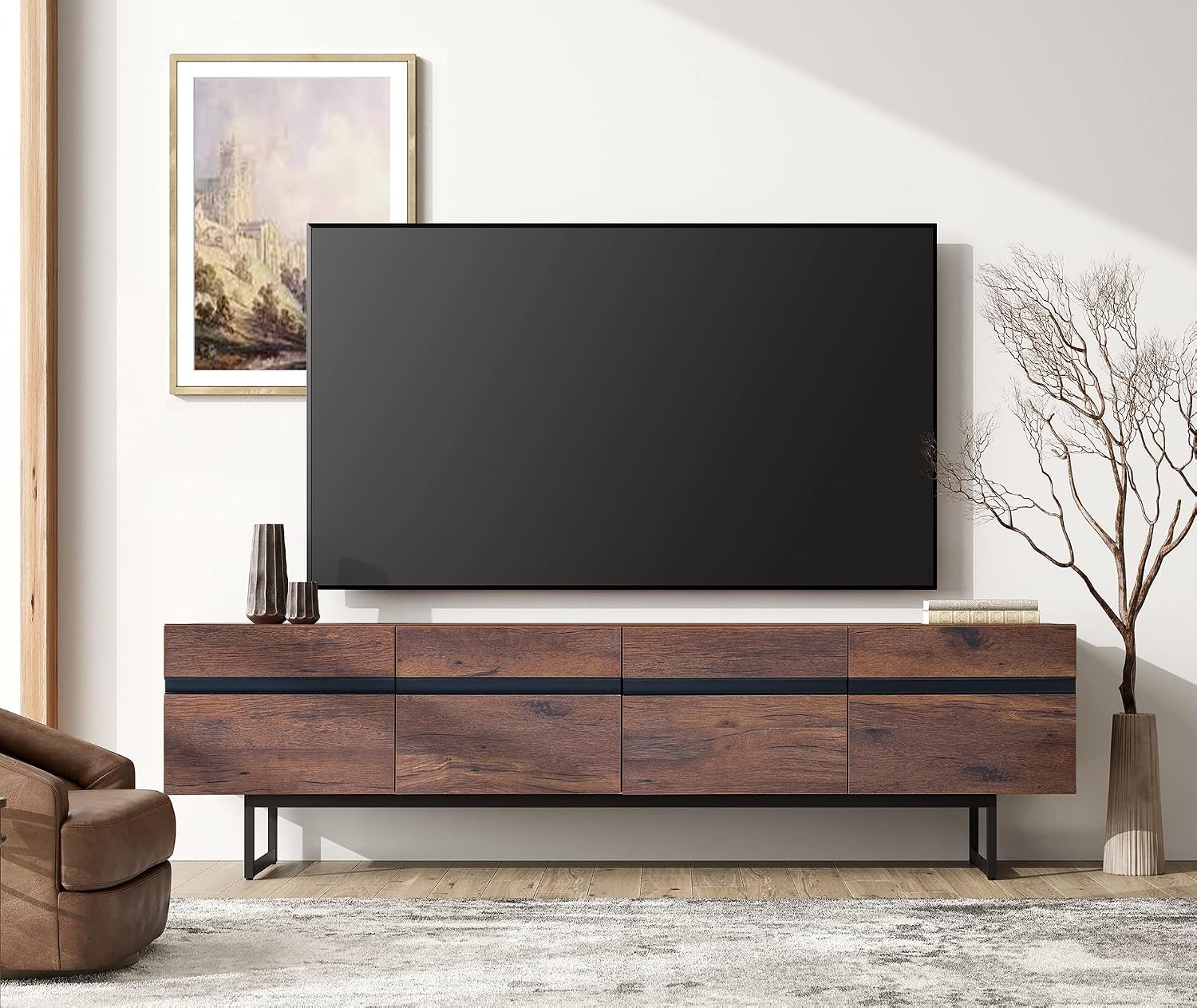 WAMPAT Modern TV Stand and Coffee Table Set of 2, Storage Entertainment Center for TVs Up to 75 inch, Square Center Table with Tempered Glass and Storage Drawers for Living Room, Brown