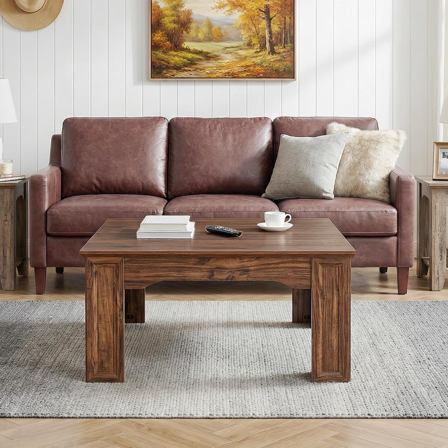 Square Coffee Table for Living Room, 39.4'' Farmhouse Wood Grain Finish Coffee Table with Carved Legs, Rustic Simple Style Center Table, Easy Assembly, Walnut Wood