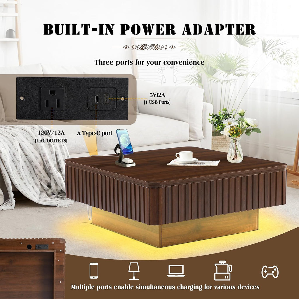 Grepatio Square Lift Top Coffee Table with Storage, 35' Fluted Coffee Table with RGB Led Lights, Wooden Center Tables with USB Power Outlet, Mid Century Table for Living Room (Square)