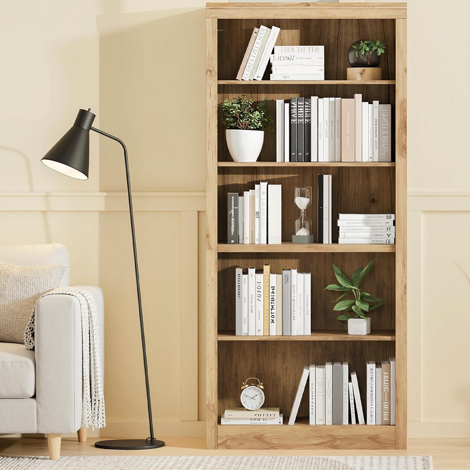 Garvee 71 in Tall Bookshelf, 5-Tiers Bookcase and Bookshelf, Wooden Open Storage Shelves with Anti-Tip Design, White Book Shelf for Bedroom, Living Room and Office, Brown