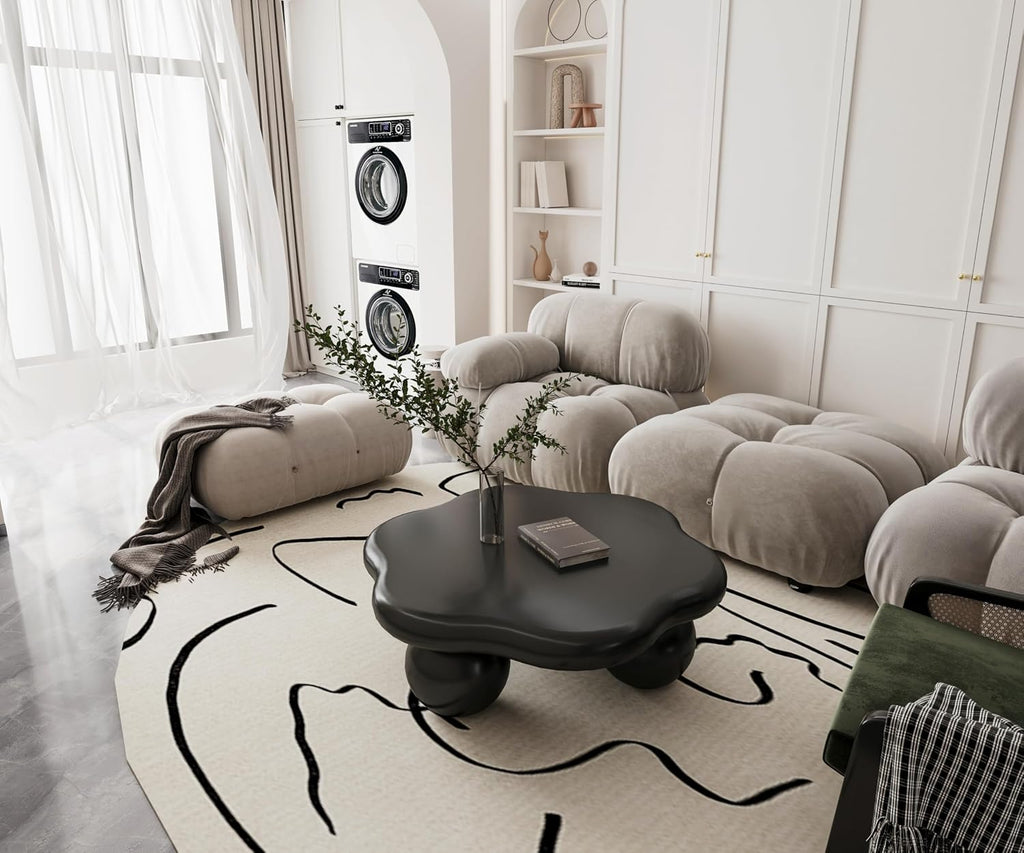 35.03' Cloud Coffee Table for Living Room Unique Coffee Table Modern Low Coffee Tables Cute Center Table with 3 Ball Legs for Small Space Apartment Cream Flower-Black