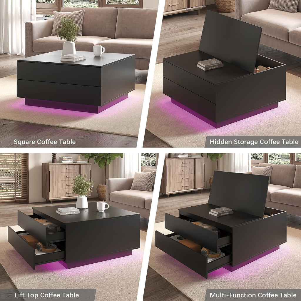 HedoAjim Square Coffee Tables with Storages, Modern Black Coffee Table for Living Room, Flip Cover Coffee Tables and 2 Spacious Drawers, Coffee Table with LED Light
