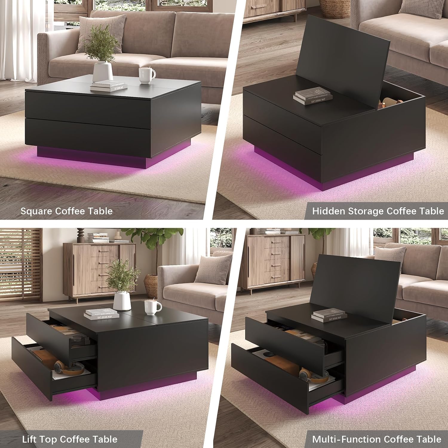 HedoAjim Square Coffee Tables with Storages, Modern Black Coffee Table for Living Room, Flip Cover Coffee Tables and 2 Spacious Drawers, Coffee Table with LED Light