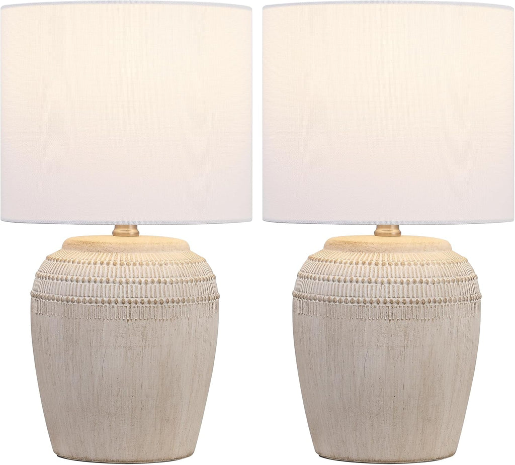 JONATHAN Y 16.75' Antique White/Nickel Ceramic Table Lamp Set of 2, Rustic Traditional Reeded Vase Lamps with White Linen Shade for Bedroom Living Room Decor (JYL5707B-SET2)