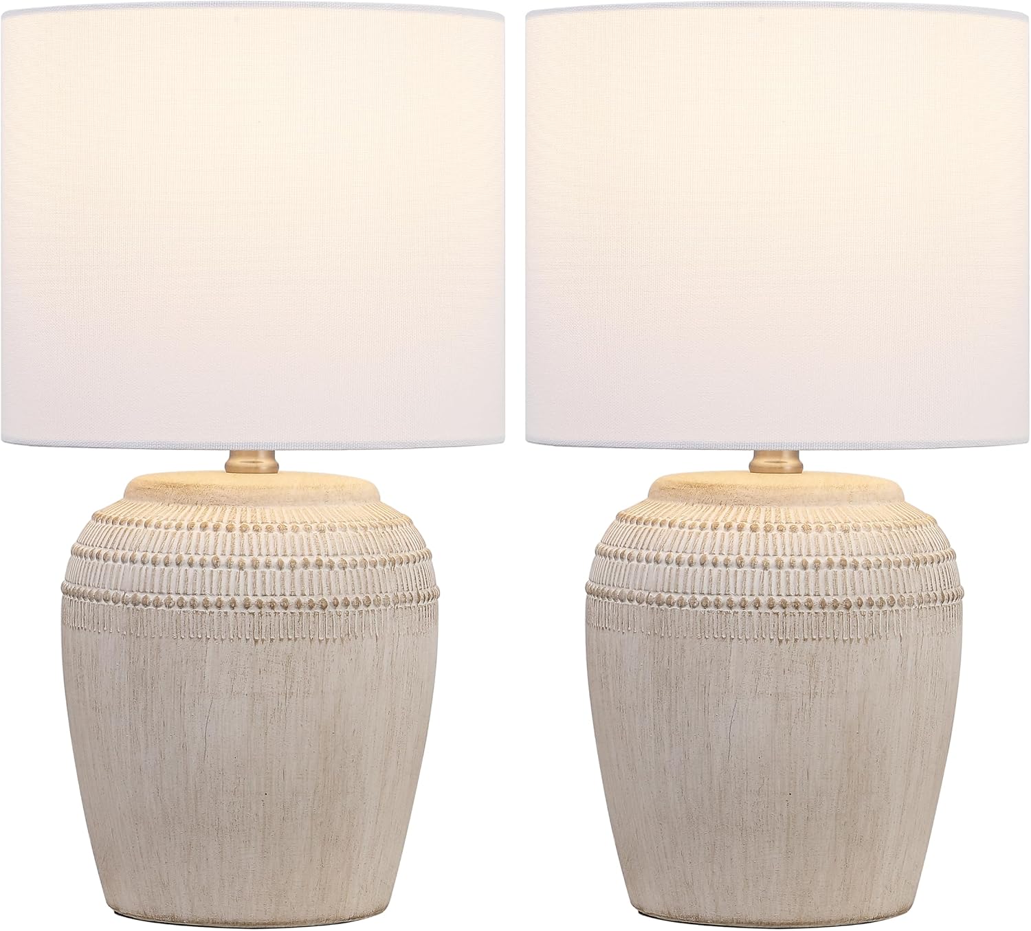 JONATHAN Y 16.75' Antique White/Nickel Ceramic Table Lamp Set of 2, Rustic Traditional Reeded Vase Lamps with White Linen Shade for Bedroom Living Room Decor (JYL5707B-SET2)