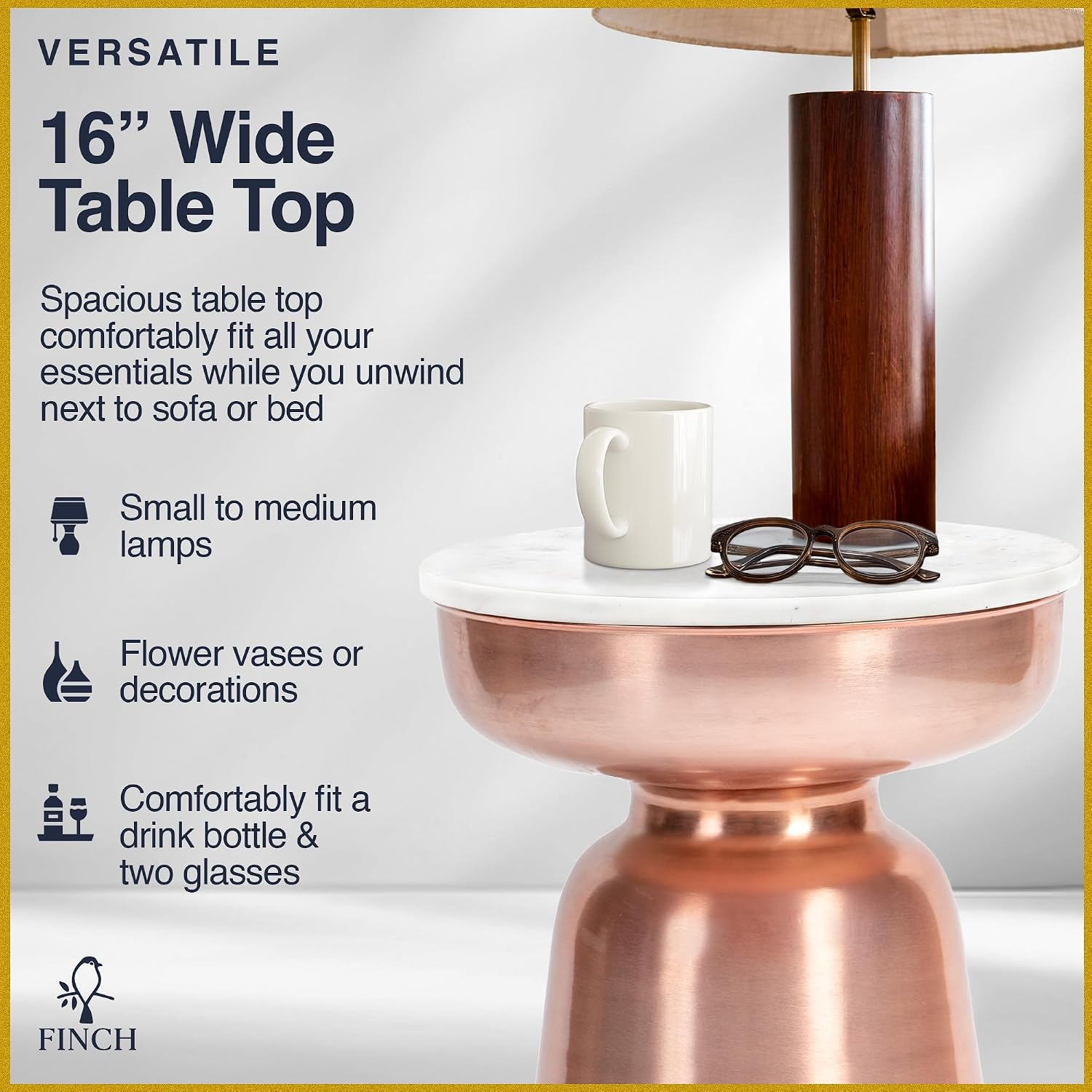 Click365 Adler Marble Accent Side Table, 16 Inch Round End Table with Hourglass Rose Gold Metal Base, Modern Nightstand or Bedside Table for Living Room or Bedroom, Ivory White & Rose Gold