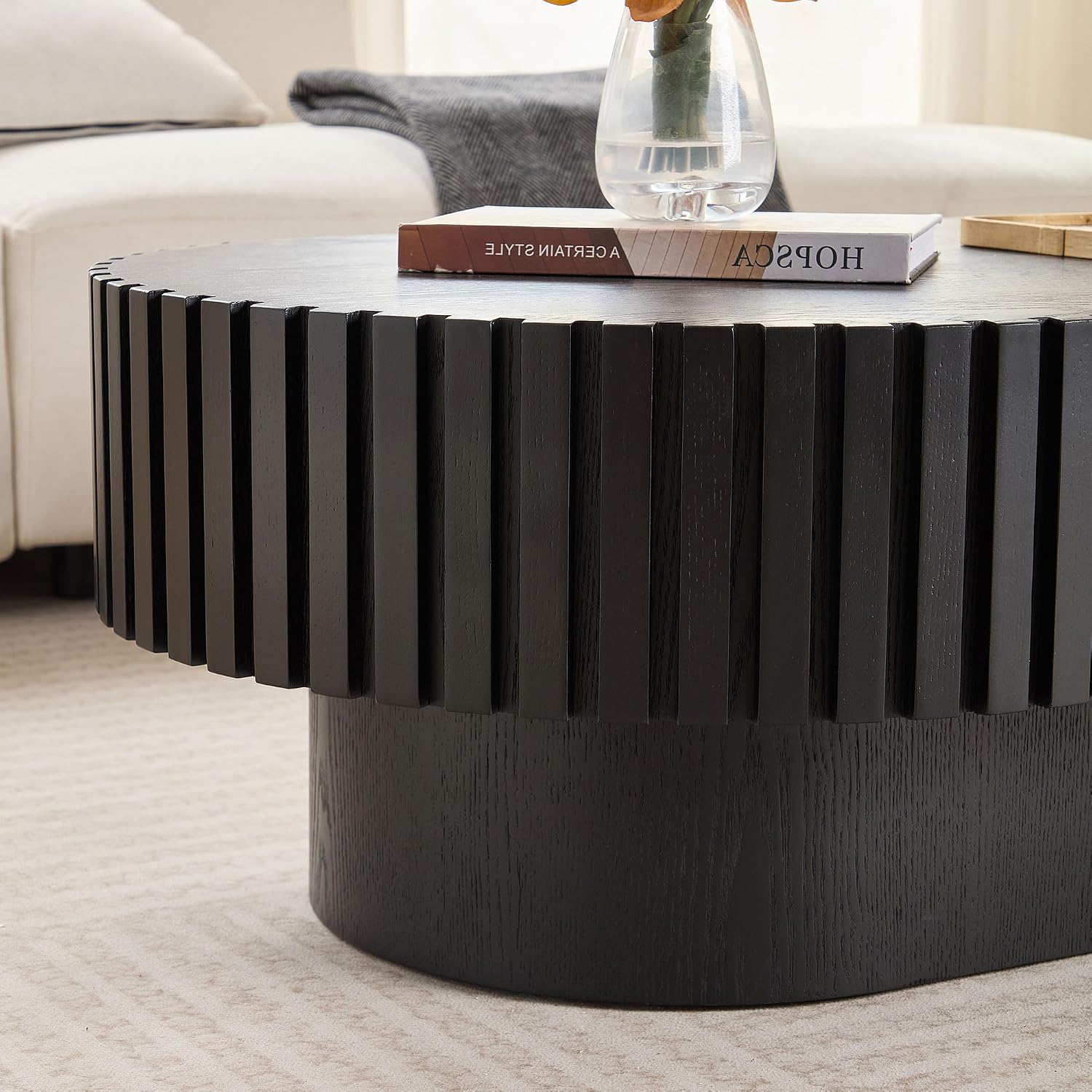 Oval Coffee Table for Living Room Wooden Coffee Table with Pedestal Modern Handcrafted Centre Table Tea Table Easy Assembly 43.7' Black