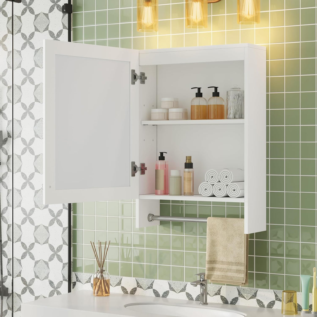 Wall Mounted Bathroom Mirror Cabinet with Soft-Close Door and Adjustable Shelf, 20' White Medicine Cabinet with HD Mirror and Towel Bar, MDF and Rubber Wood Construction for Bathroom Storage