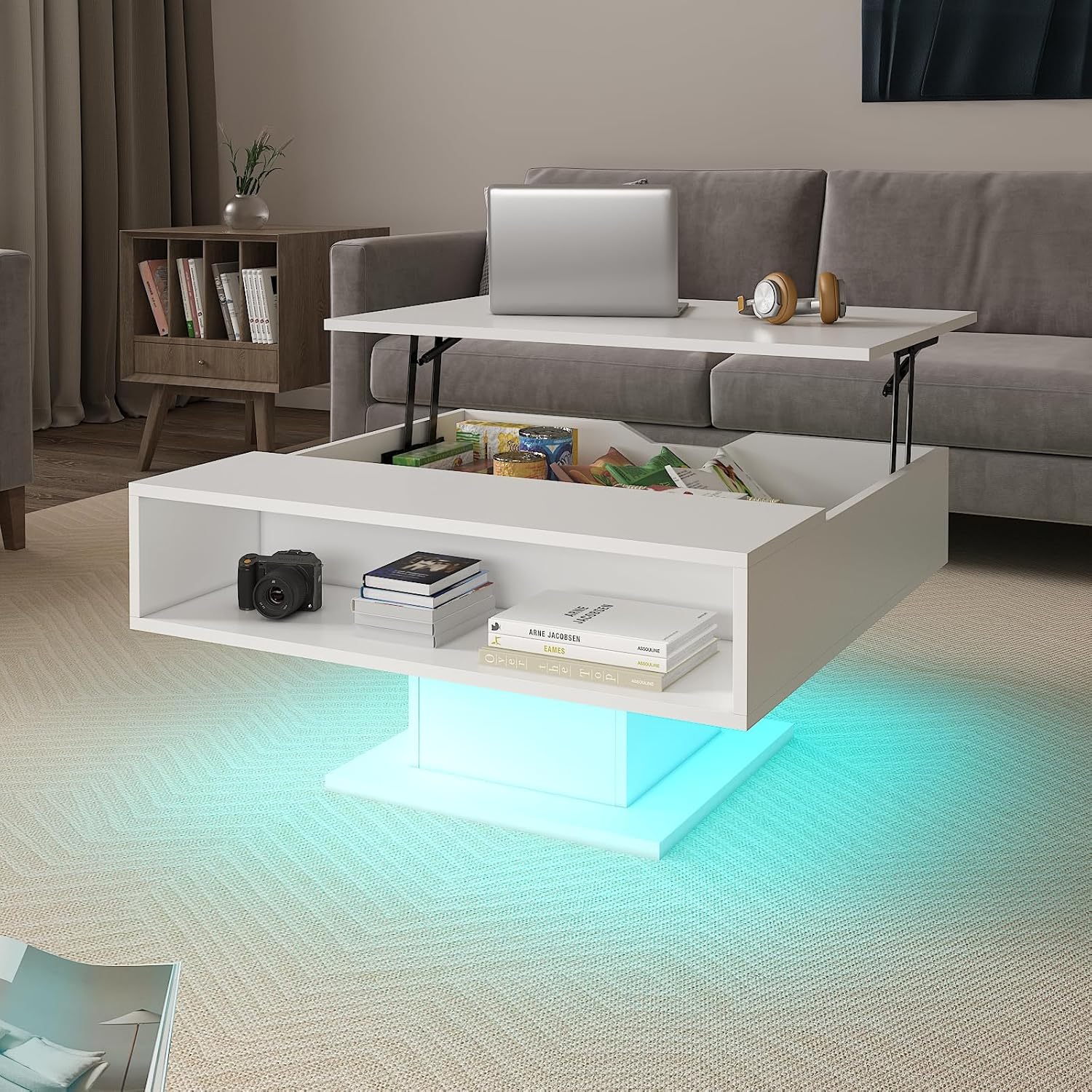 Square Lift Top Coffee Table with Storage, White Led Coffee Table for Living Room with Large Hidden Storage, 30.7' Wood Table Led Center Table for Dining Reception Room