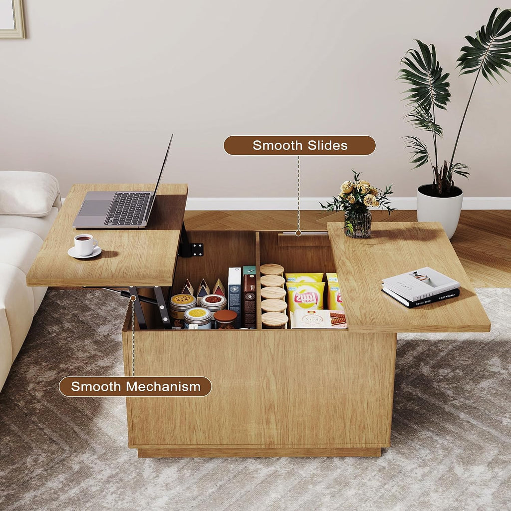 Fluted Coffee Table with Lifting Top, 31.5' Square Coffee Table with Storage, Mid Century Modern Center Table for Living Room, Home Office, Natural Oak