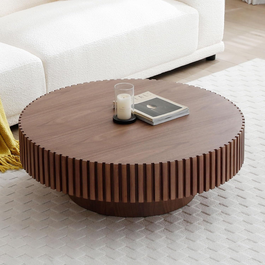 JUSTONE 31.49' Round Coffee Table, Farmhouse Wood Accent Table for Living Room,Circle Drum Coffee Table with Handcrafted Relief for Apartment ø31.49'' x 13.77''H (Walnut)