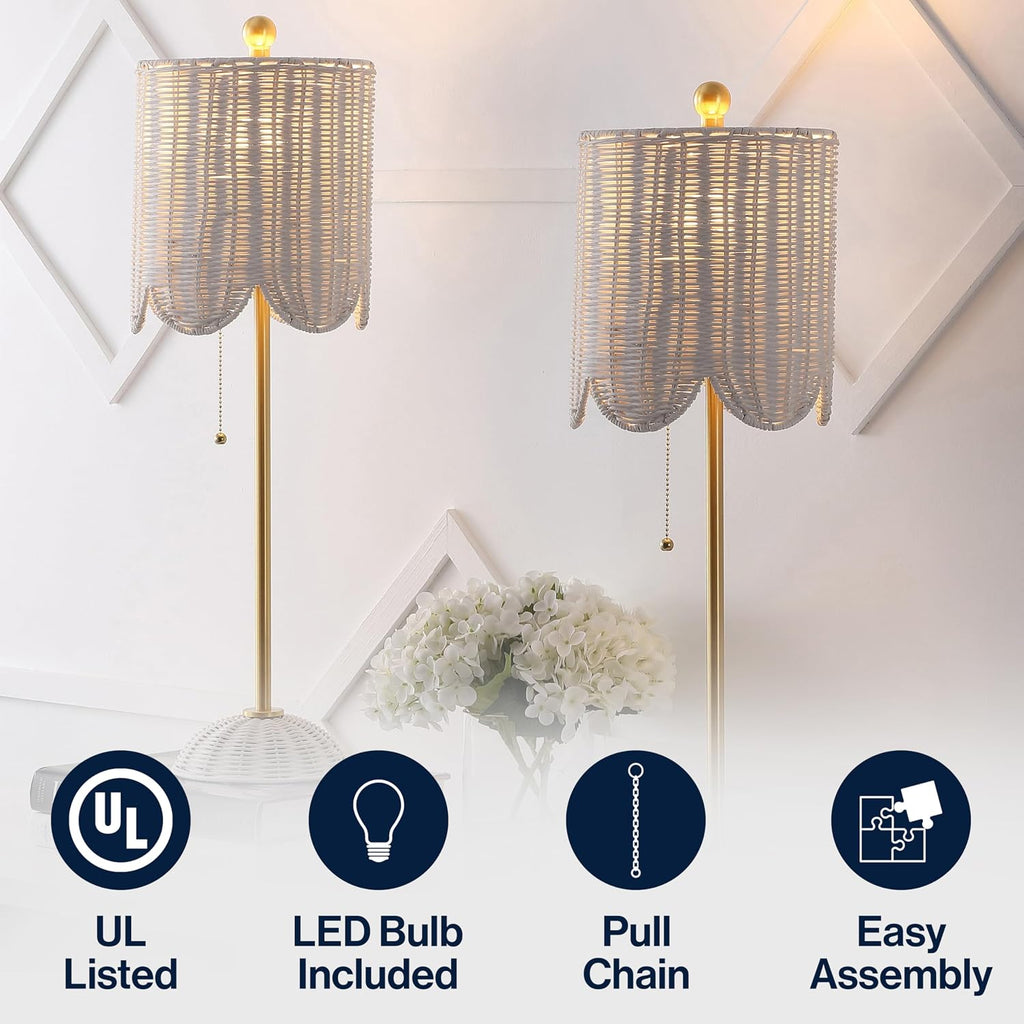 JONATHAN Y 27.5' White/Brass Gold Coastal Buffet Table Lamp Set of 2 for Bedroom, Boho Table Lamps with Natural Rattan Scalloped Shade, Pull Chain, LED Bulbs Included (JYL1138B-SET2)