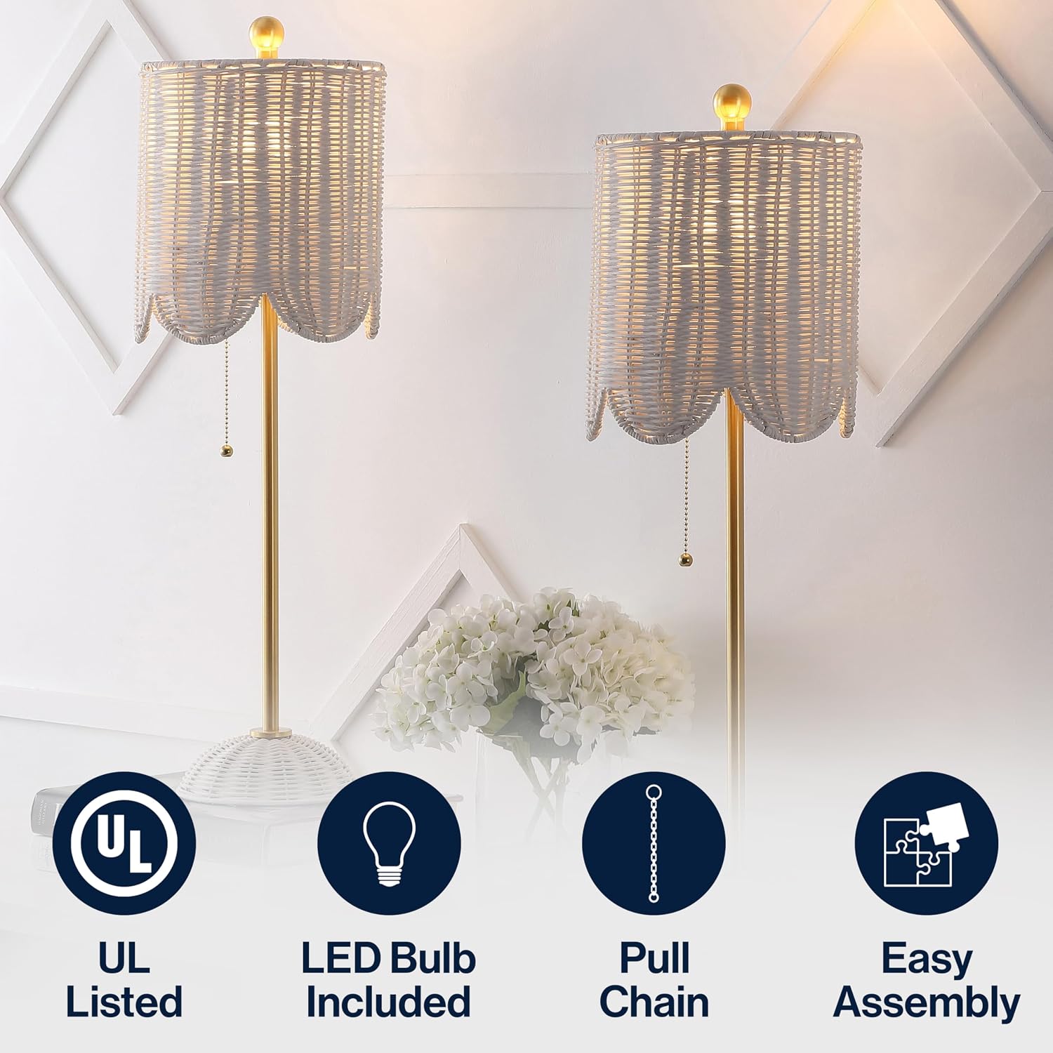 JONATHAN Y 27.5' White/Brass Gold Coastal Buffet Table Lamp Set of 2 for Bedroom, Boho Table Lamps with Natural Rattan Scalloped Shade, Pull Chain, LED Bulbs Included (JYL1138B-SET2)