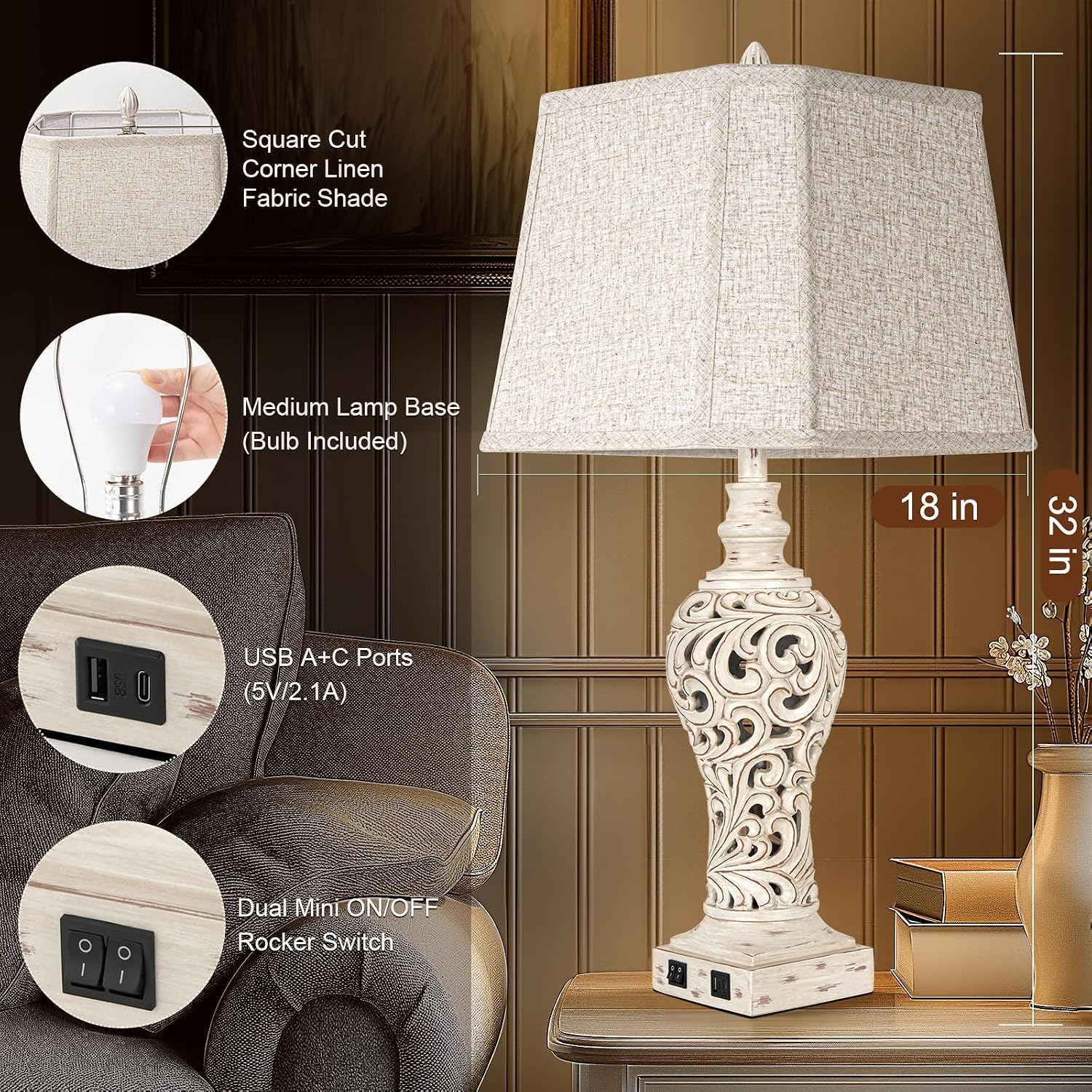 LuxSight Collection 32' Tall Table Lamps Set of 2 - Bedside Lamp with Fabric Shades - for Bedroom and Living Room with USB and Nightlight - Perfect for Nightstands and Bedrooms - Bulbs Included