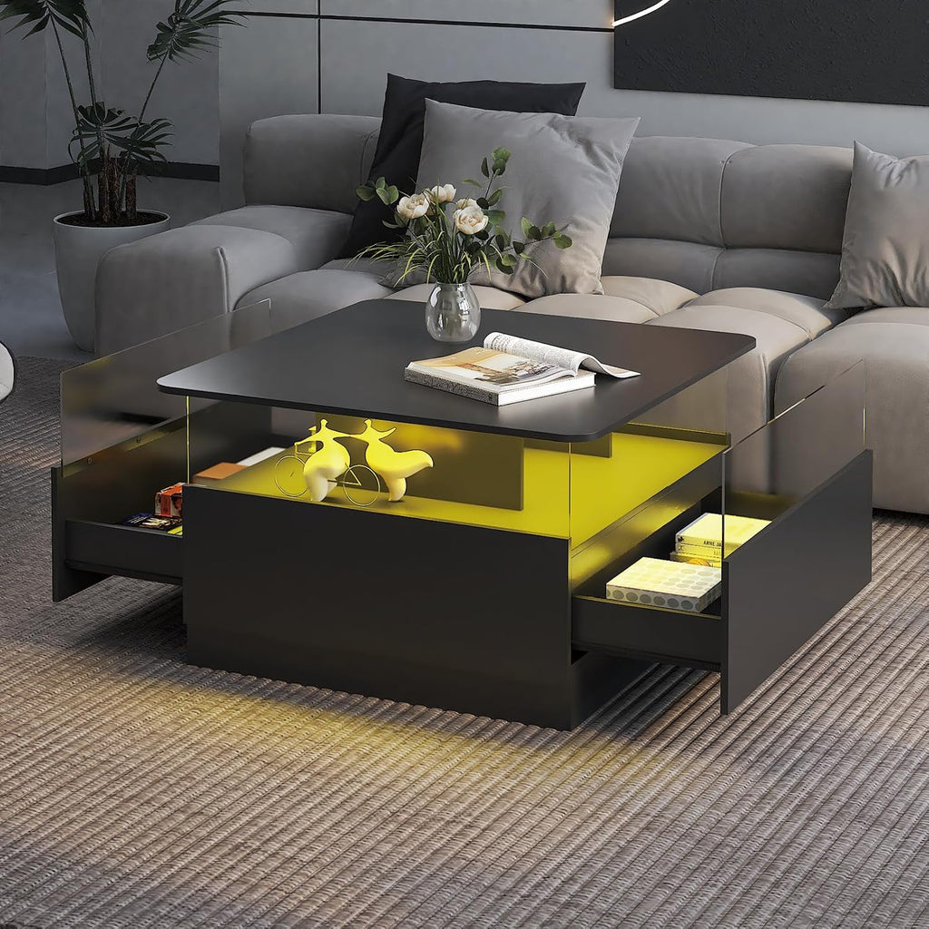 HedoAjim Square Coffee Tables with Storages, Modern Coffee Table for Living Room, Black Round Coffee Tables and 2 Spacious Drawers, Coffee Table with LED Light