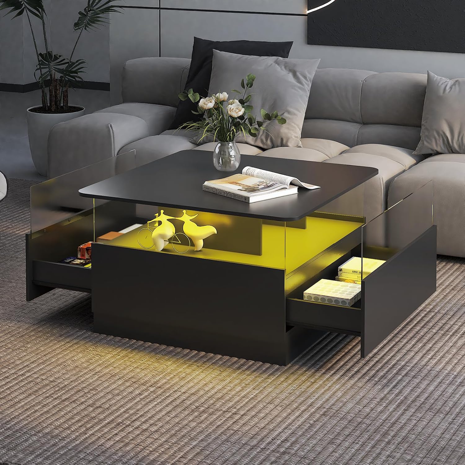 HedoAjim Square Coffee Tables with Storages, Modern Coffee Table for Living Room, Black Round Coffee Tables and 2 Spacious Drawers, Coffee Table with LED Light