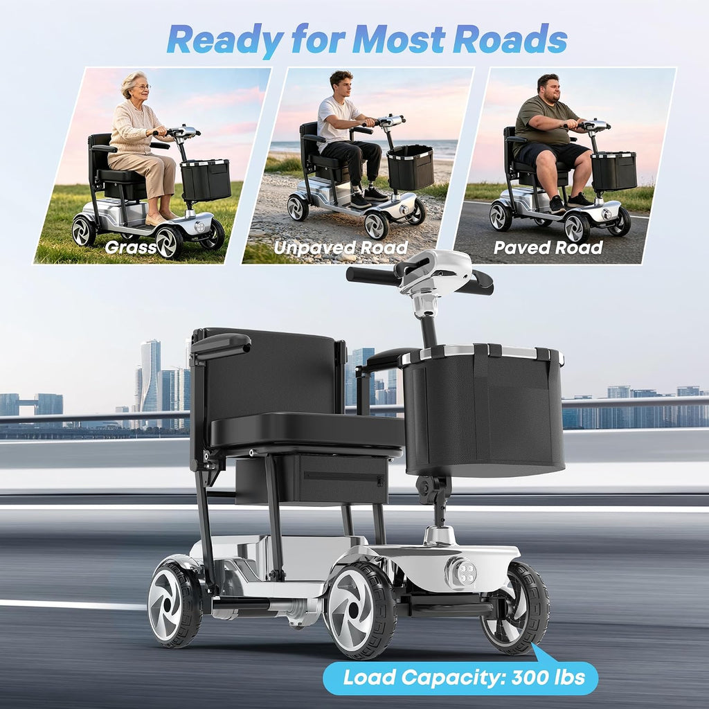 Mobility Scooters, Lightweight Electric Scooters for Seniors&Adults | 49lb Aluminum Frame with Removable Battery, Foldable Motorized Scooters for Trips, Shopping, Daily Use, Bright Silver, 10 Ah