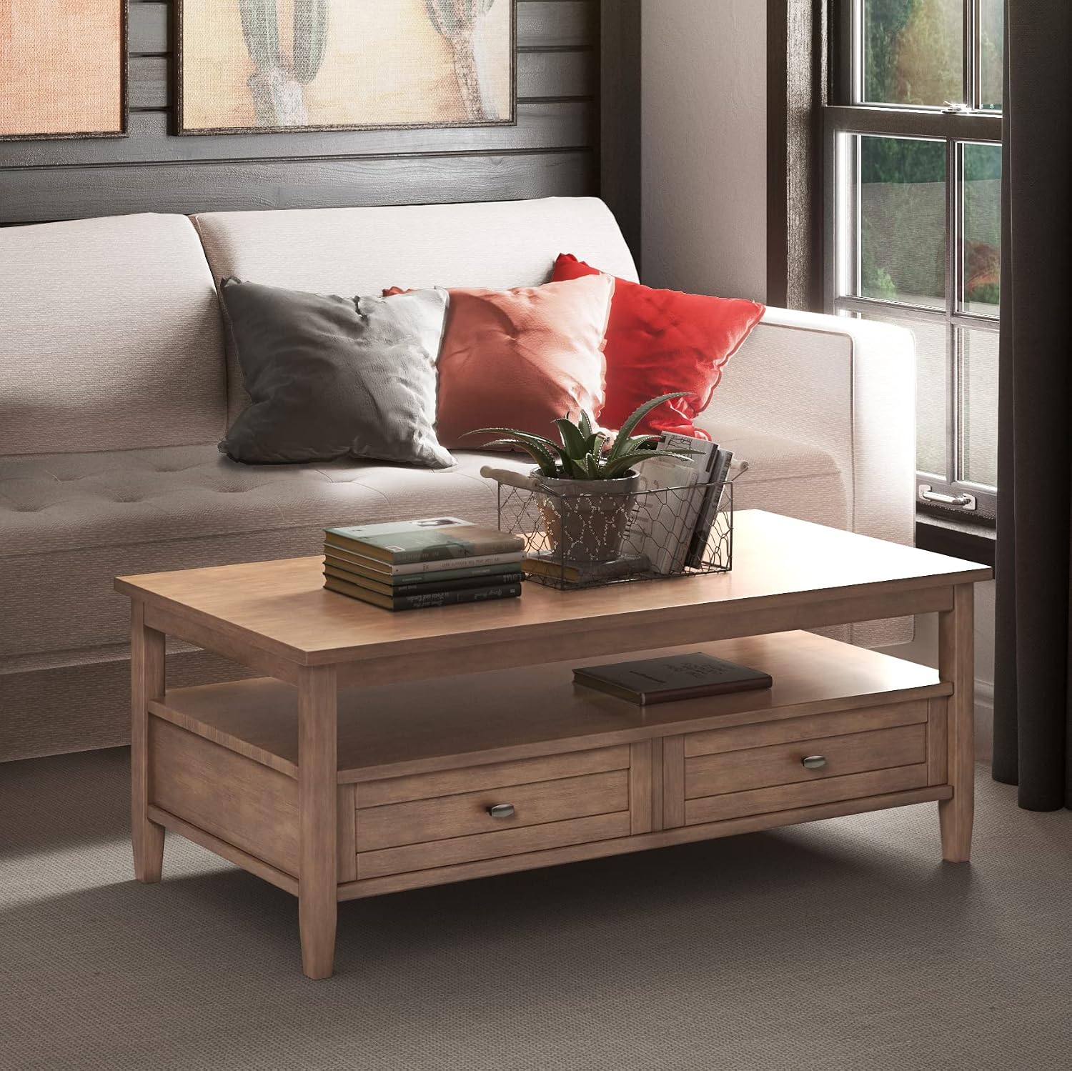 SIMPLIHOME Warm Shaker Coffee Table - 48 inch Wide Solid Wood Coffee Table in Rustic Natural Aged Brown, Transitional Living Room Table with 2 Drawers, Open Shelf, Shaker Fronts and Tapered Legs