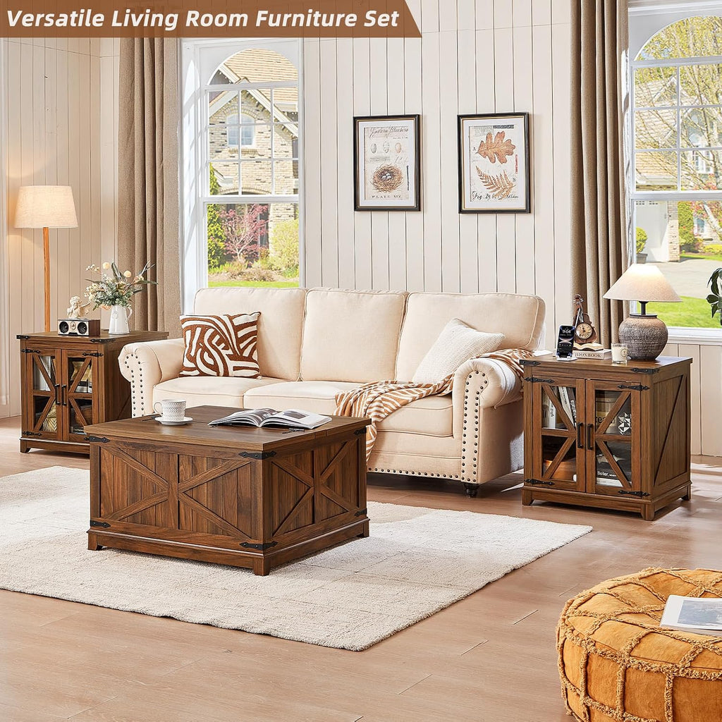 Farmhouse Coffee Table Sets 2 Pieces, Large End Side Tables with Charging Station and Coffee Table with Hidden Storage Compartment, Black Living Room Table Set, Wood Furniture Sets for Home Office