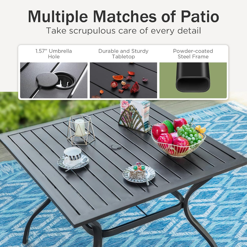 PHI VILLA Patio Dining Set for 4 Person,Square Metal Slat Table with Umbrella Holes and 4 High Back Fixed Chairs All Weather Outdoor Table and Chairs Set for Deck Garden Yard